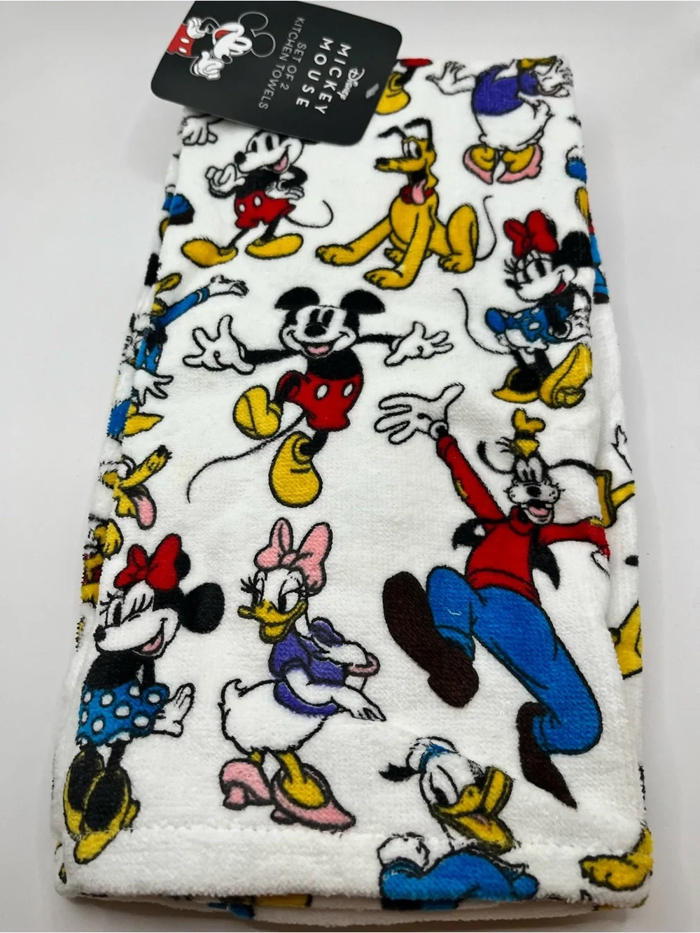 Disney Character Mickey Print Set of 2 Kitchen Towels White Red, Yellow, Blue